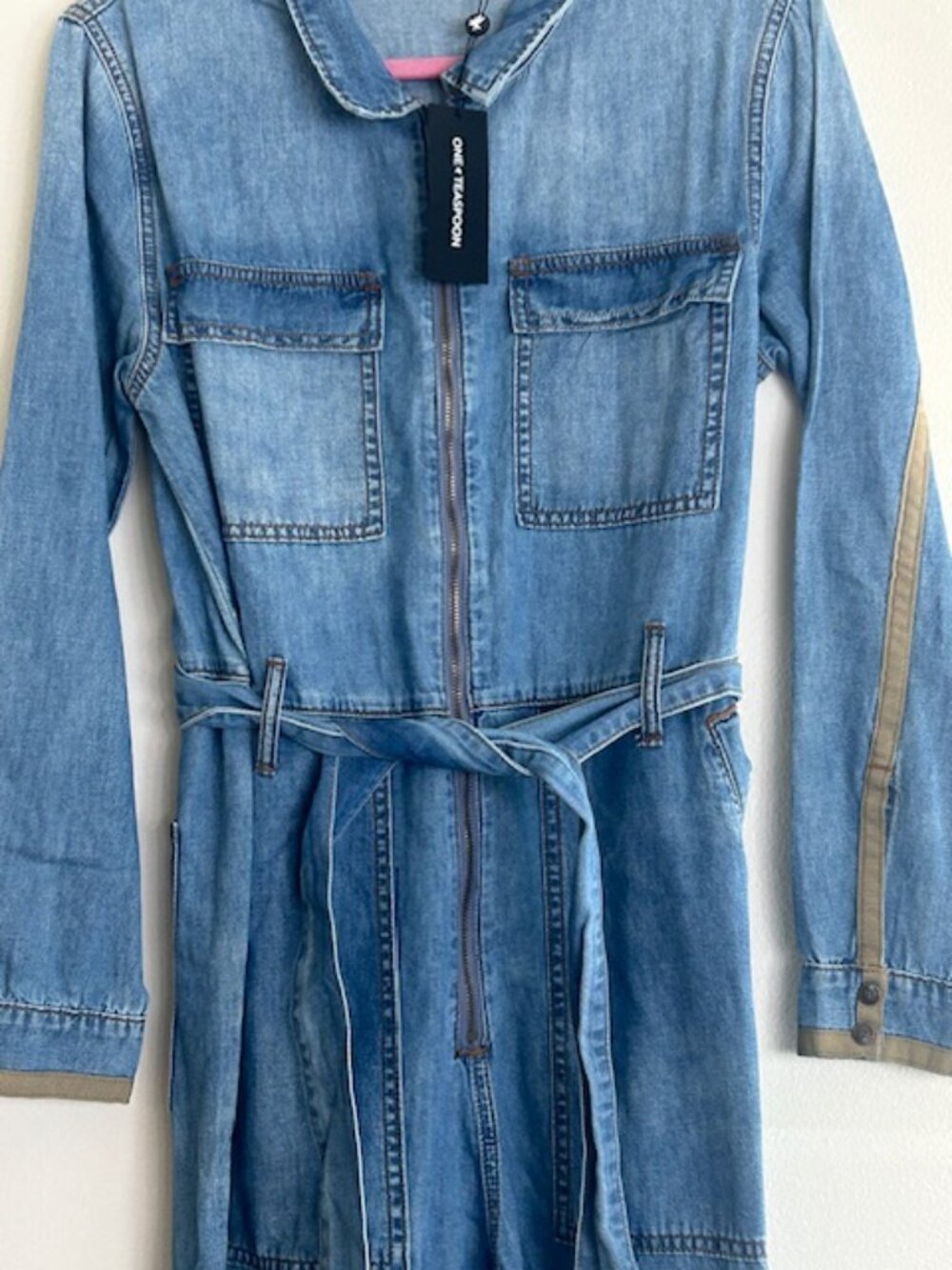 One Teaspoon Claudia Ciao Blue Long Length Zip Tie Fitted Denim Overalls NWT - Picture 7 of 16